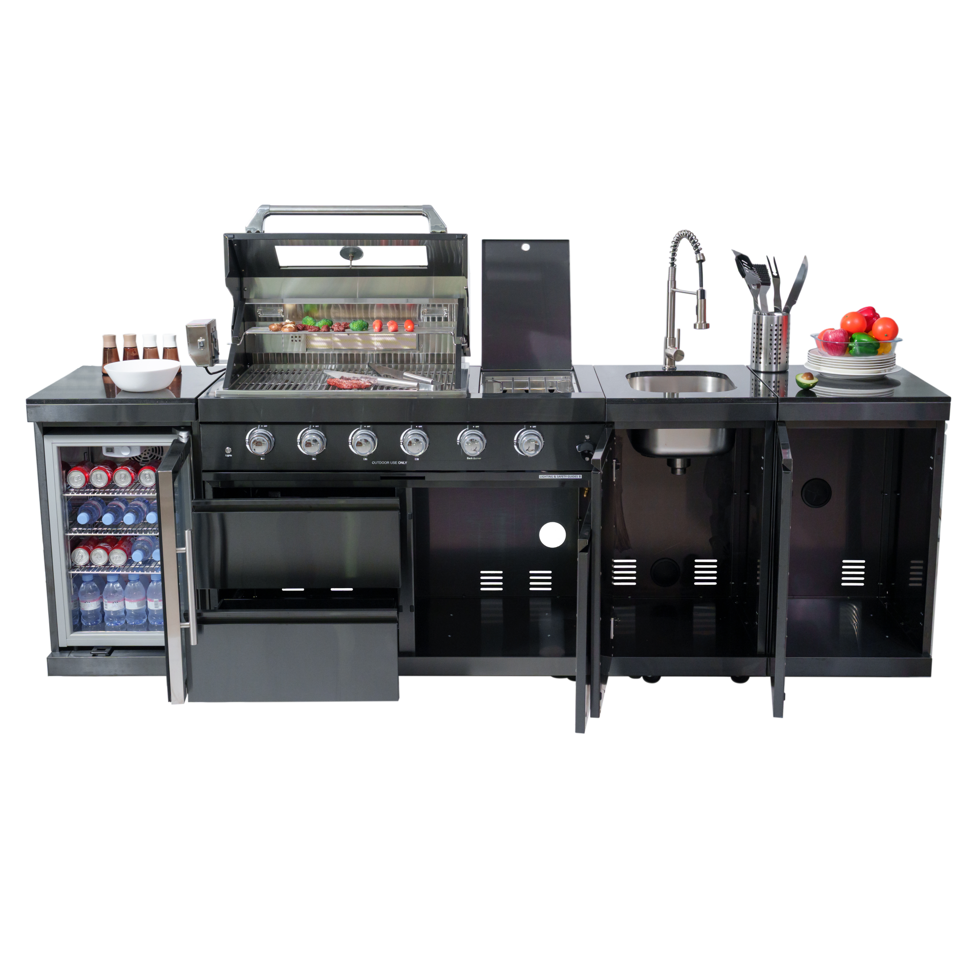 104" Black Outdoor Kitchen Island Grill & Cabinets | The Lavish Sunset