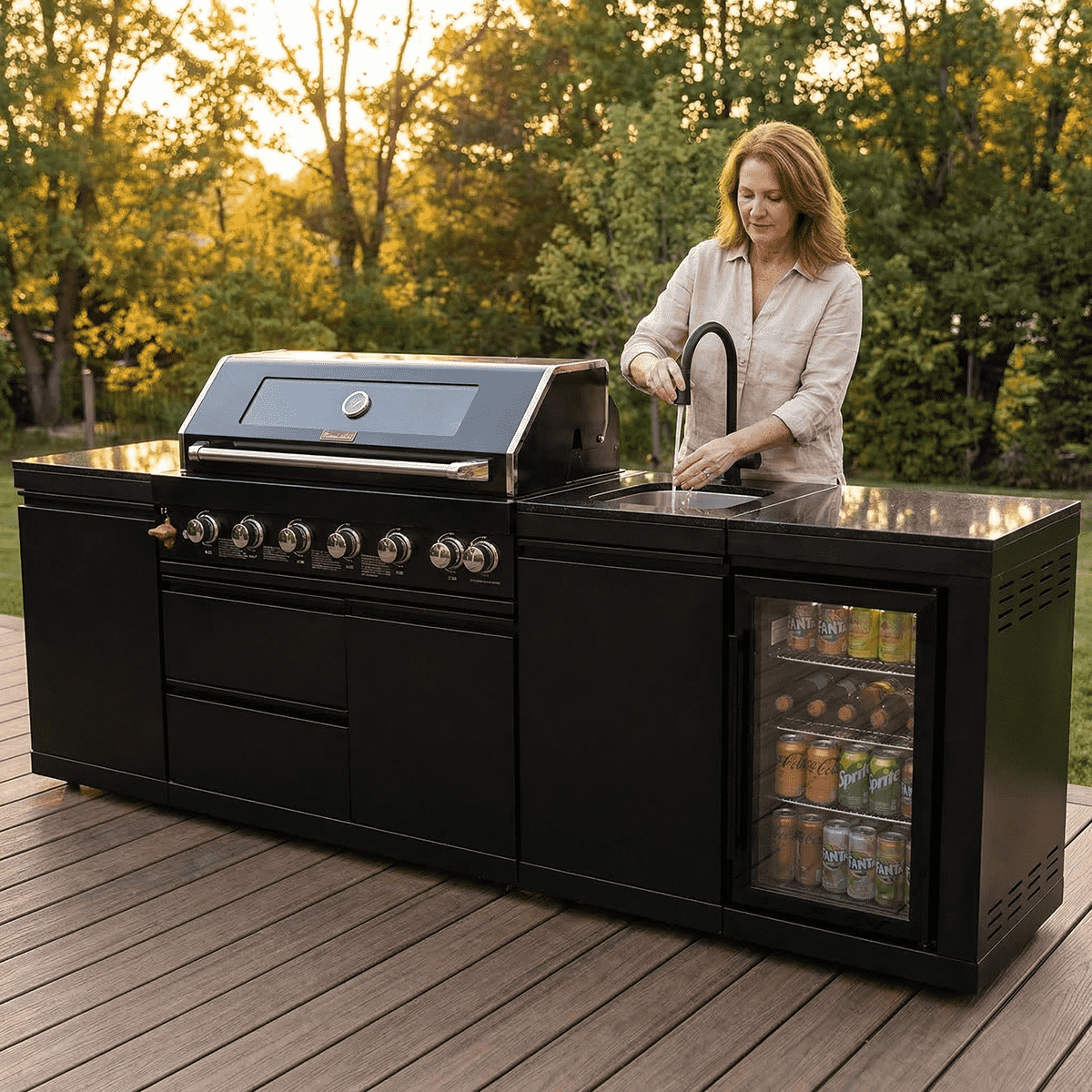 102" Marble Top Outdoor Kitchen Island & 6-Burner Grill | The Lavish Sunset