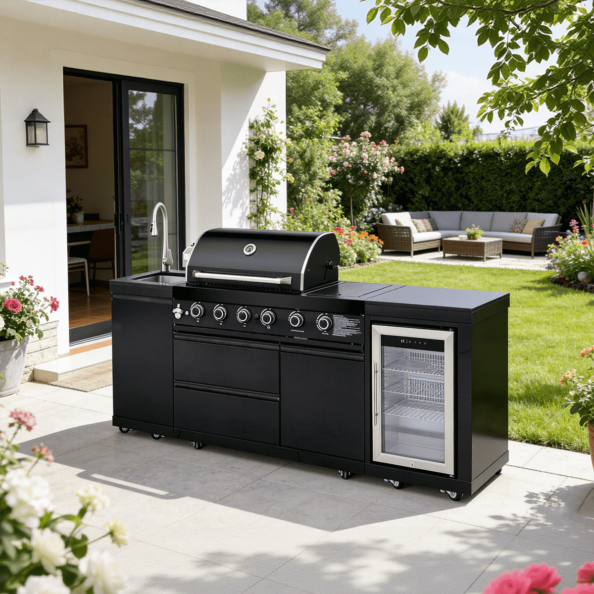 85" Black Outdoor Kitchen Island with Fridge & Sink | The Lavish Sunset