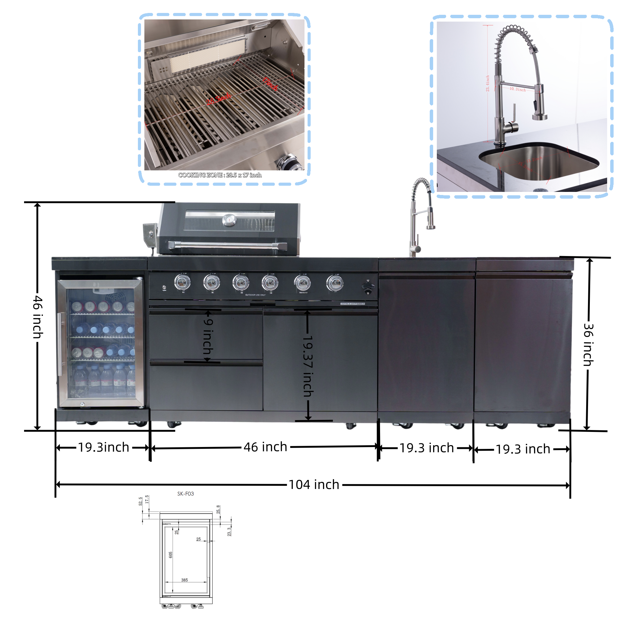 104" Black Outdoor Kitchen Island Grill & Cabinets | The Lavish Sunset