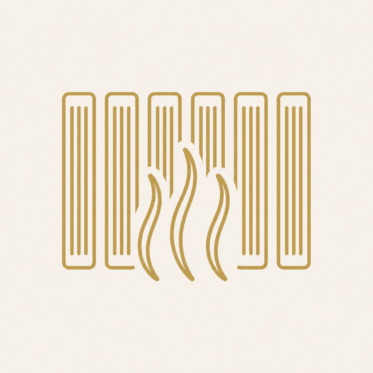 Gold line icon of six carbon heating panels and gentle warmth