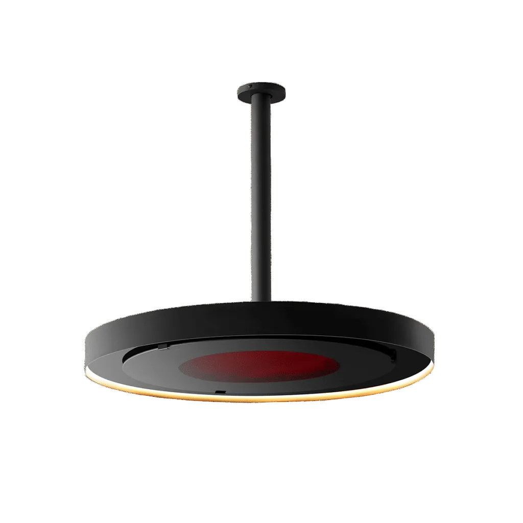 Bromic Eclipse heater shown with a matte black 24-inch straight ceiling pole