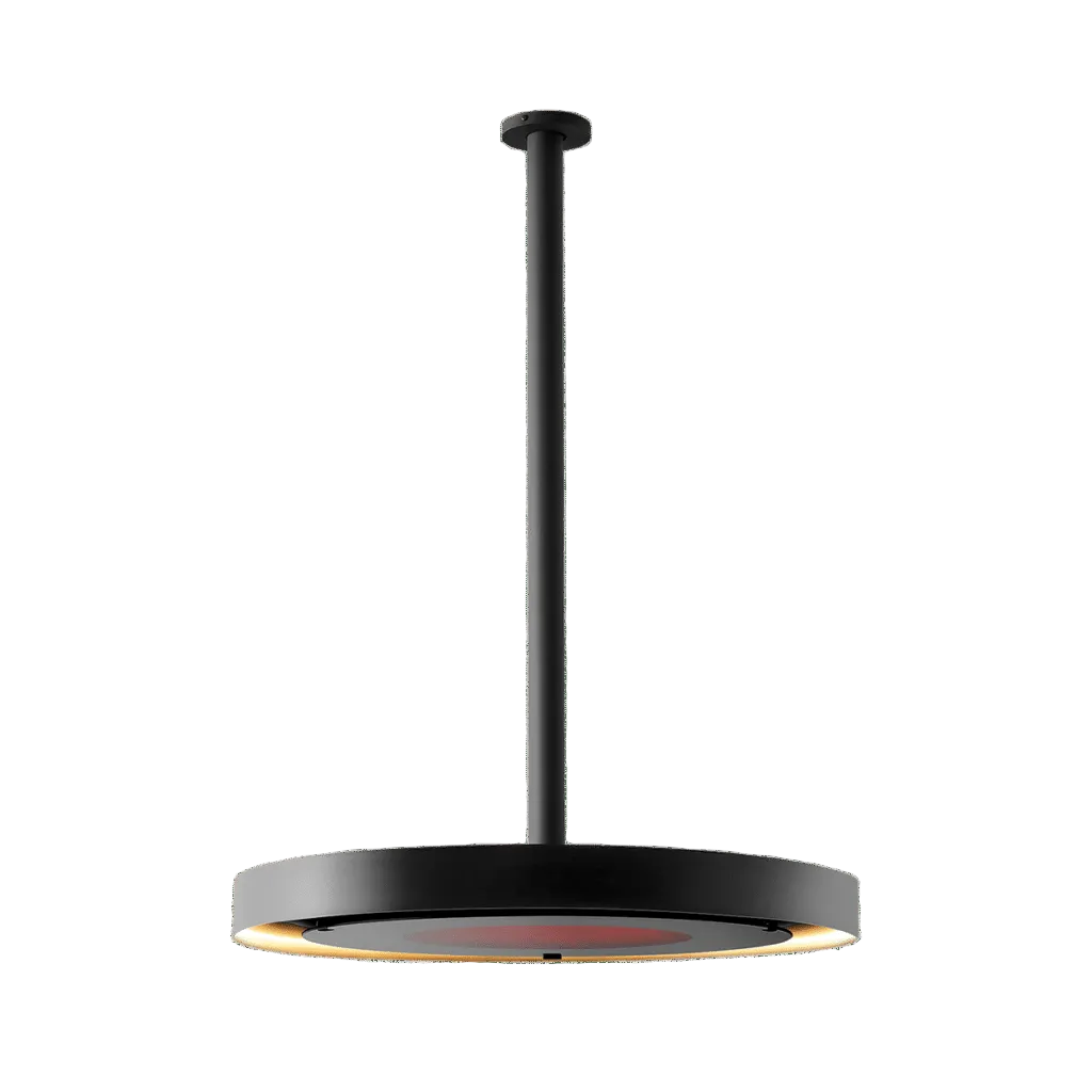 Bromic Eclipse heater shown with a matte black 48-inch straight ceiling pole